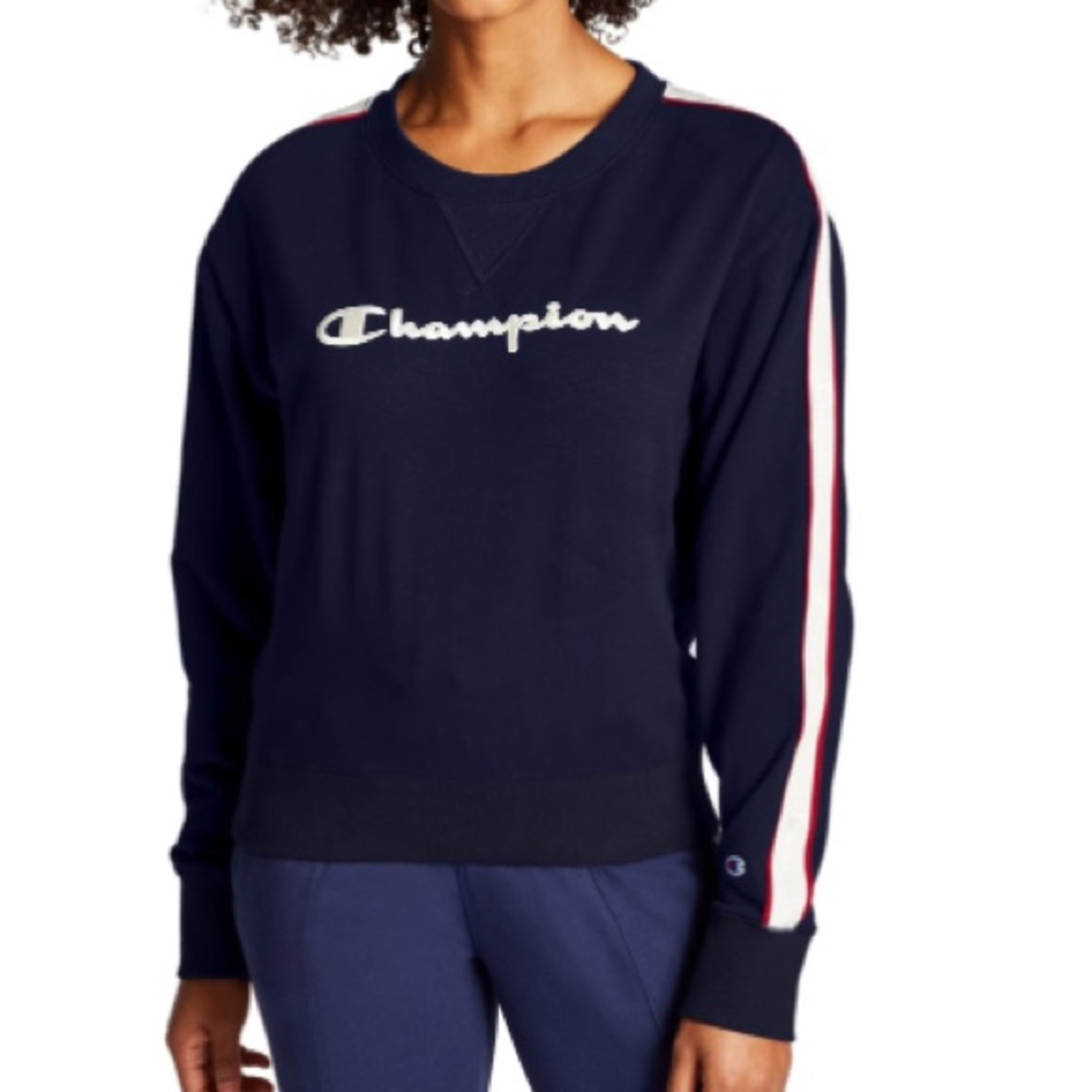 Champion Navy Pullover with Red and White Sleeve Stripes
